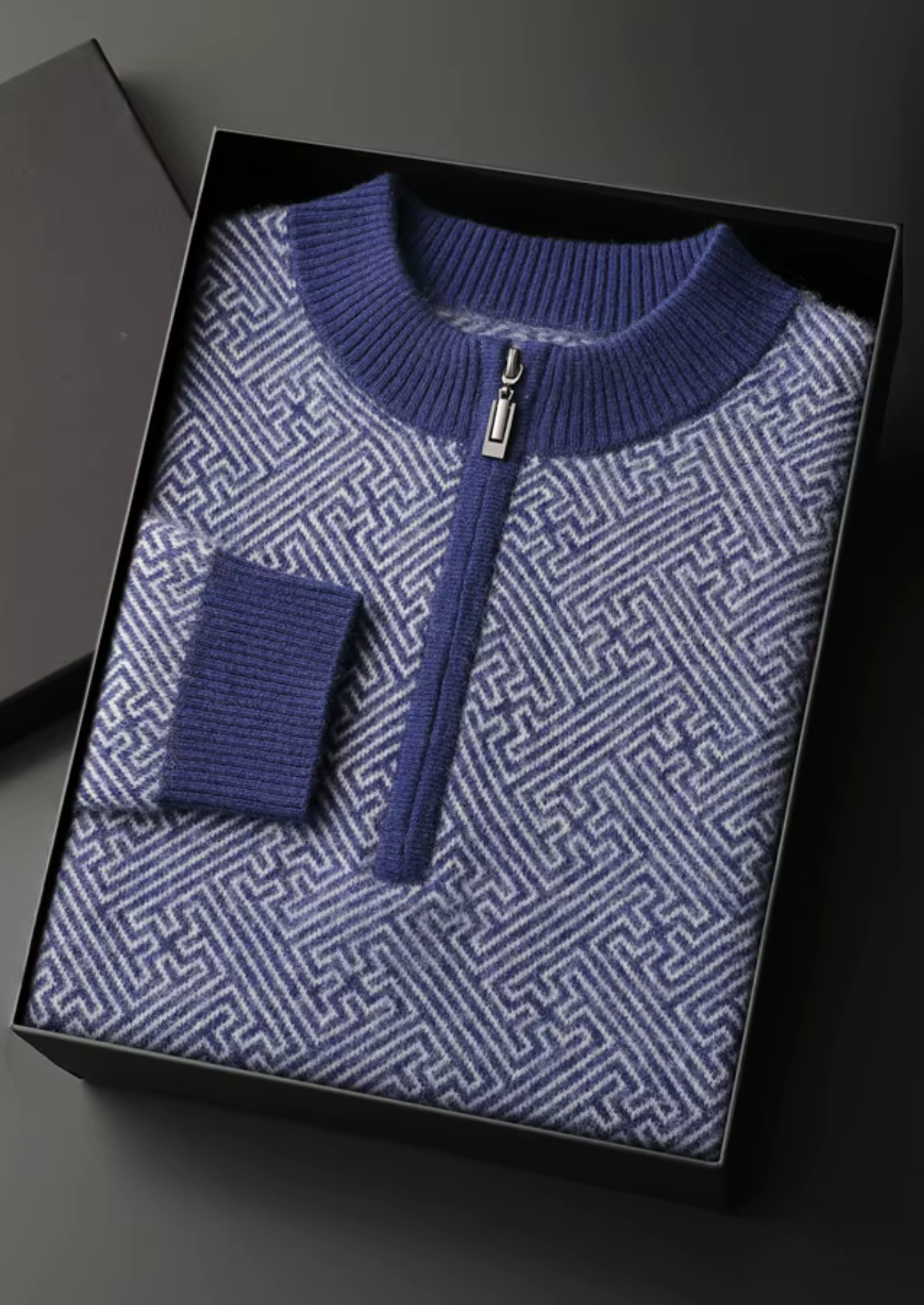 PREMIUM CASHMERE PATTERNED HALF-ZIP SWEATER