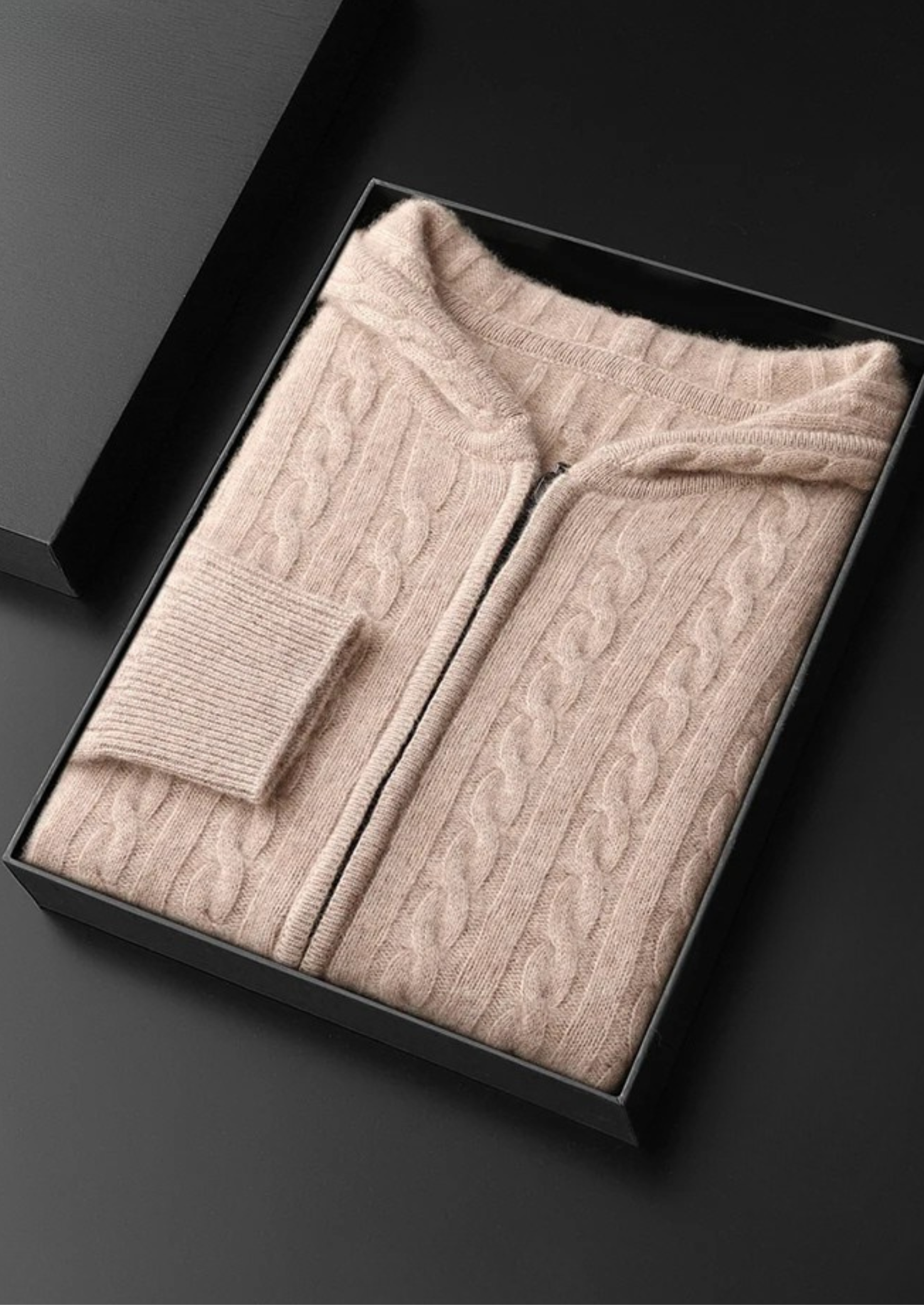 PREMIUM CASHMERE CABLE KNIT ZIPPER HOODIE